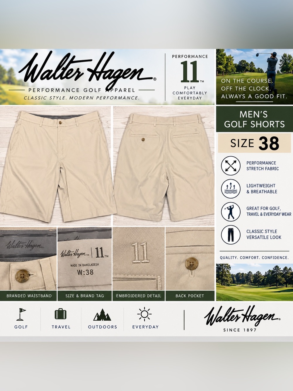 Walter Hagen Performance 11 Golf Shorts Men’s 38 Light Khaki